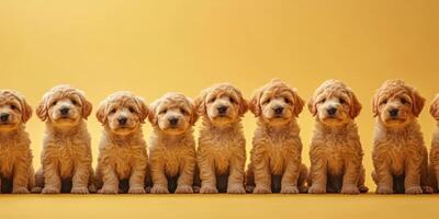 Group of fluffy puppies lined up against a bright yellow background in a playful and cheerful setting photo