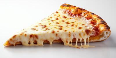 Delicious cheese pizza slice with bubbling crust against a white background photo