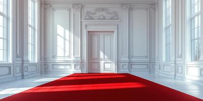 Elegant interior with white walls and a red carpet leading to a closed door in a well-lit room during daytime photo