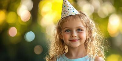 Young girl in a birthday hat smiles happily in a sunlit garden during a celebration with friends and family photo
