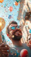 Man enjoying celebration with balloons and confetti in a vibrant street atmosphere during sunny daytime photo