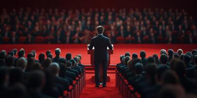 Public speaking engagement in a formal setting with an audience applauding a speaker photo