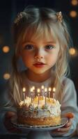 Sweet birthday celebration with a smiling child and cake in a cozy atmosphere photo