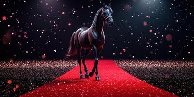 Majestic black horse walks confidently on red carpet with sparkling background in a glamorous setting photo