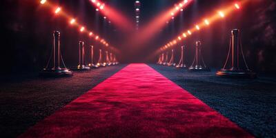 Luxurious red carpet entrance illuminated by studio lights in an elegant venue designed for a gala event photo