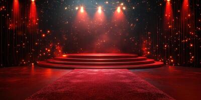 Red carpet stage set with dramatic lighting creates an exciting atmosphere for performances and events in an entertainment venue photo