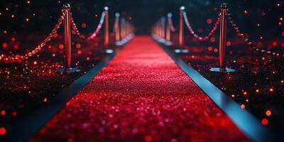 Elegant red carpet pathway illuminated by soft lights at a prestigious event venue during a glamorous evening photo