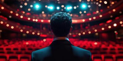 Dramatic moment before a performance in a grand theater filled with red seats and bright stage lights at night photo