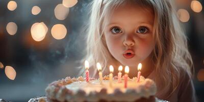 Little girl makes a wish while blowing out candles on her birthday cake in a festive setting with soft lighting photo