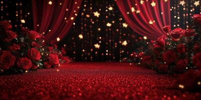 Elegant red carpet event with roses and sparkling lights at night photo