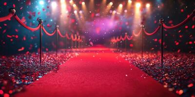 Red carpet event features glamorous decorations and dazzling lights during a festive awards ceremony night photo