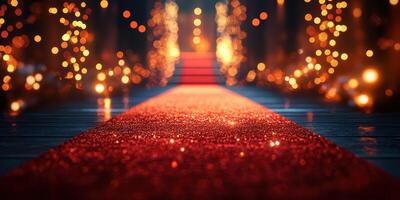 Red carpet lined with lights and sparkles for a glamorous event at night photo
