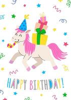 Birthday kids greeting card with unicorn in party hat, party horn and gifts on the back. Party invitation or holiday greeting design template. vector