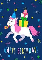 Children's birthday card with a cheerful unicorn and festive attributes - party horn and hat. Happy holiday or party invitation design template. vector