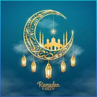 Ramadan kareem calligraphy with crescent moon shape and cloud background vector