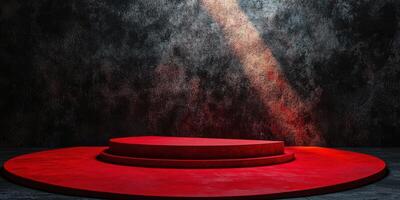 Red circular stage illuminated by spotlight in a darkened urban setting with textured walls photo