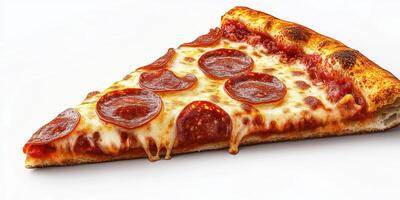 Delicious pepperoni pizza slice served on a clean white surface in a casual dining setting photo