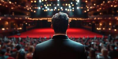 Performer prepares for a captivating act in a vibrant theater with an engaged audience late at night photo