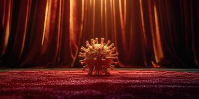 Microscopic view of a virus sphere under dramatic lighting on stage with rich red curtains in a theatrical setting photo