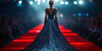 Model showcases stunning gown on the runway during a glamorous fashion show in a vibrant city at night photo