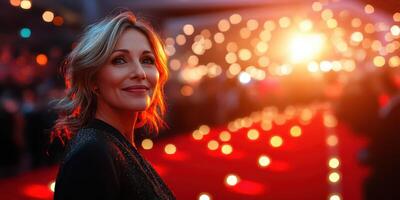 Elegant woman poses on red carpet at an awards ceremony with glowing lights in the background during evening event photo