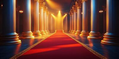 Stunning grand hall showcasing elegant pillars and a red carpet leading to a radiant light source photo