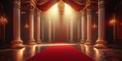 Elegant red carpet leading into a grand hall with ornate columns and soft lighting in a lavish setting photo