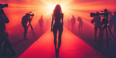 Model walks down runway illuminated by dramatic lighting during a fashion show event in the evening photo