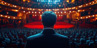 Audience captivated by performer on stage in grand theater during evening event photo