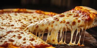 Delicious cheese pizza with toppings being served on a wooden table in an inviting dining setting photo