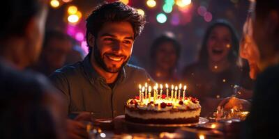 Celebrating a birthday party with friends and cake in a vibrant and joyful atmosphere photo