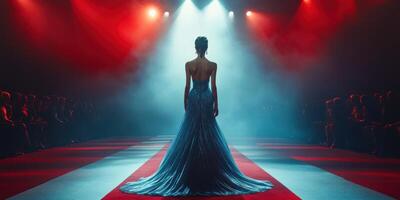 Fashion model showcases stunning gown on runway during evening event with dramatic lighting and captivated audience photo