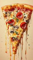 Delicious slice of pizza topped with pepperoni and mushrooms drizzling cheese with herbs on a light background photo