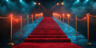 Red carpet entryway with golden stanchions and dramatic lighting creates an elegant atmosphere for a special event photo