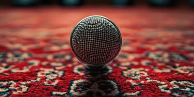 Microphone positioned on a vibrant red carpet during an intimate gathering for music and storytelling events in a cozy venue photo