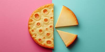Delicious cheese pizza cut into slices on a bright blue and pink background showcasing the tasty topping photo