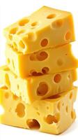 Stack of yellow cheese wedges with distinctive holes displayed on a white background photo