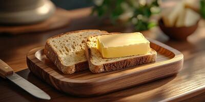 Freshly sliced bread with a thick pat of butter on a wooden plate in a cozy setting photo