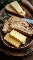 Freshly sliced bread served with creamy butter on a rustic wooden plate during a cozy afternoon photo