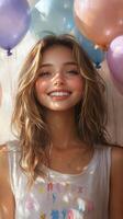 Joyful young woman celebrating with colorful balloons in a cheerful atmosphere photo