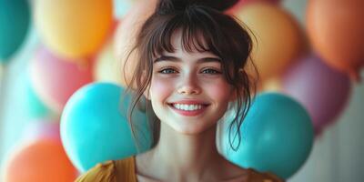 Smiling young woman in vibrant celebration surrounded by colorful balloons at an indoor party photo