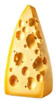 Unique triangular piece of yellow cheese with distinctive holes displayed against a plain background photo
