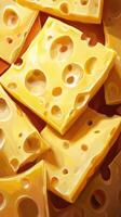 Delicious slices of cheddar cheese with holes arranged creatively on a wooden surface photo
