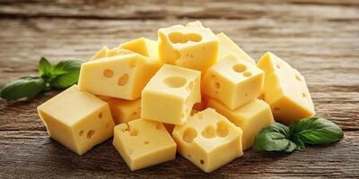 Freshly cut blocks of cheddar cheese arranged on a wooden table with fresh basil leaves accentuating the presentation photo