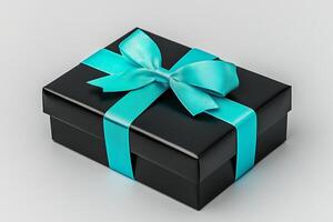 Black Gift Box with Blue Ribbon Bow photo