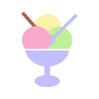 Three colorful scoops of ice cream in ice cream bowl with spoon and cookie tube Dessert menu element. Isolated illustration Thematic cards, print materials or web promo banner, leaflets, price vector
