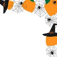 Pumpkins in Witch hats and black spiders on cobweb Halloween Top Corner Frame Copy space Template. Isolated illustration Thematic cards or web promo banner, leaflets, print materials or tags vector