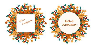Hello Autumn Freehand lettering Quadratic and Circular Note Pages Autumn Leaves Frame borders Set 2. Isolated illustration Greeting or Thematic cards, posters, price, labels or web promo banner vector