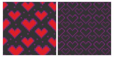 Pixel Art Red and Violet Hearts Seamless Pattern on dark background St Valentine Day wallpaper Set 2. Isolated illustration Thematic cards, Wrapping or web promo banner, leaflets, tags, labels vector
