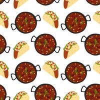 Taco meat filling, greens and vegetables and Chili con carne cast iron itional pan Seamless Pattern in green. Isolated illustration Background Thematic or menu cards, web promo banner, leaflets vector